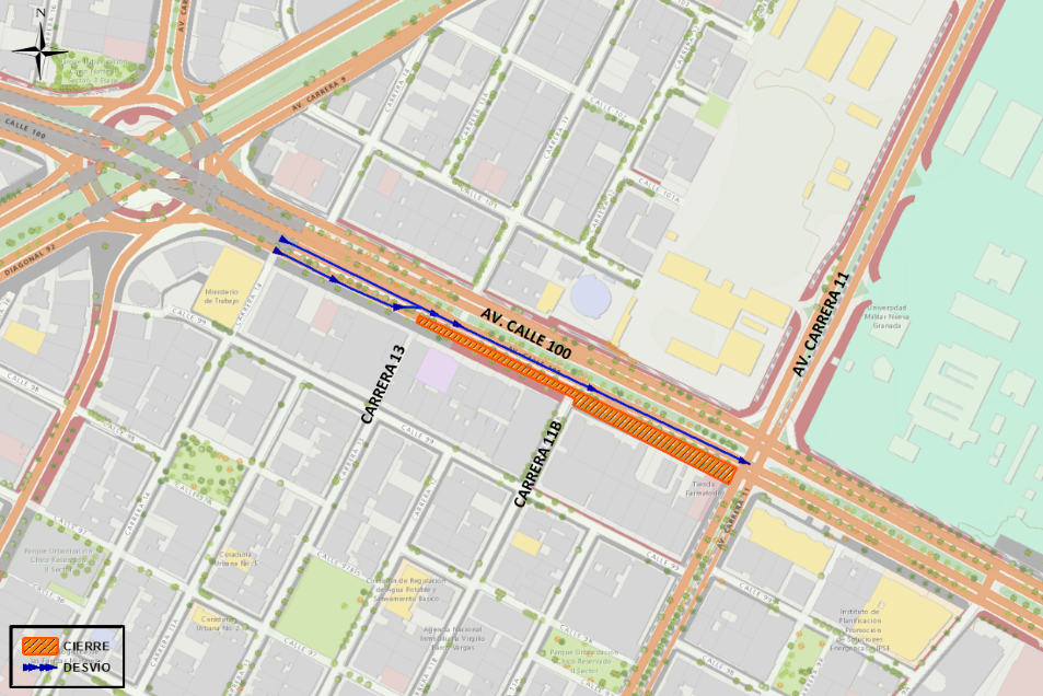 Cierre de Av. Calle 100 entre Carreras 13 y 11 por obras de la Av. 68 