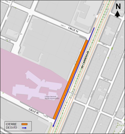 Cierre de un carril en la avenida carrera 68 entre calles 11 y 9c