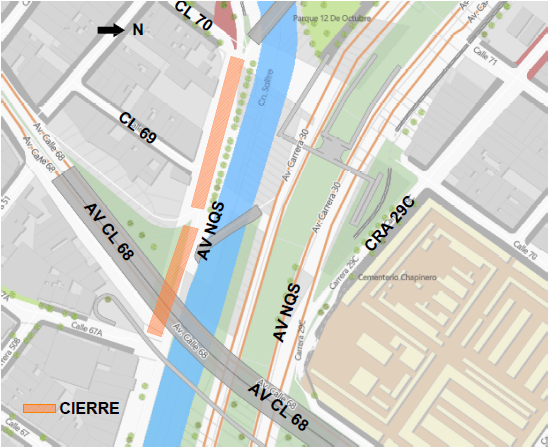 Cierre de un carril de avenida NQS entre calle 70 y avenida calle 68 