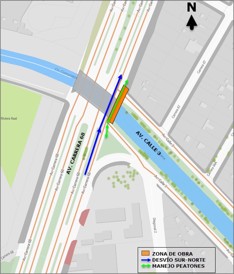 Cierre de un carril en av carrera 68 con av calle 3 sentido sur-norte