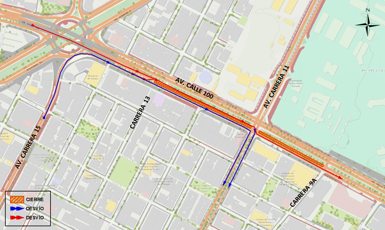 Cierre de carriles de la avenida calle 100 entre carreras 13 y 9a