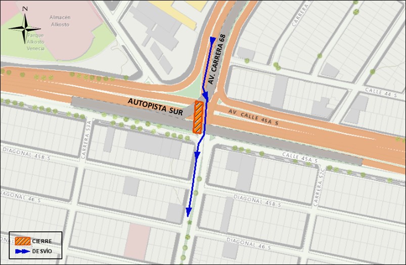 Por obras cierre de carril en la avenida carrera 68 con Autopista Sur