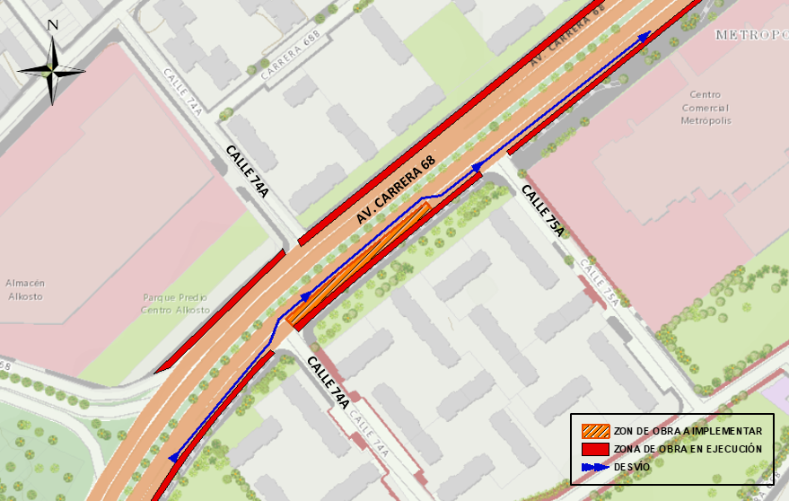 Cierre de un carril de la avenida carrera 68 entre calles 74a y 75a