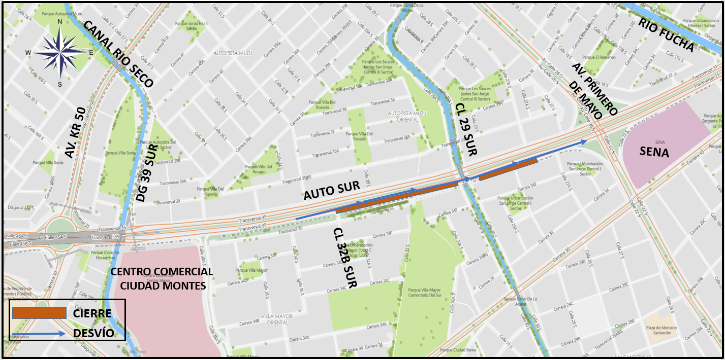 Cierre por carriles en la Autopista Sur entre calles 32b sur y 29 sur