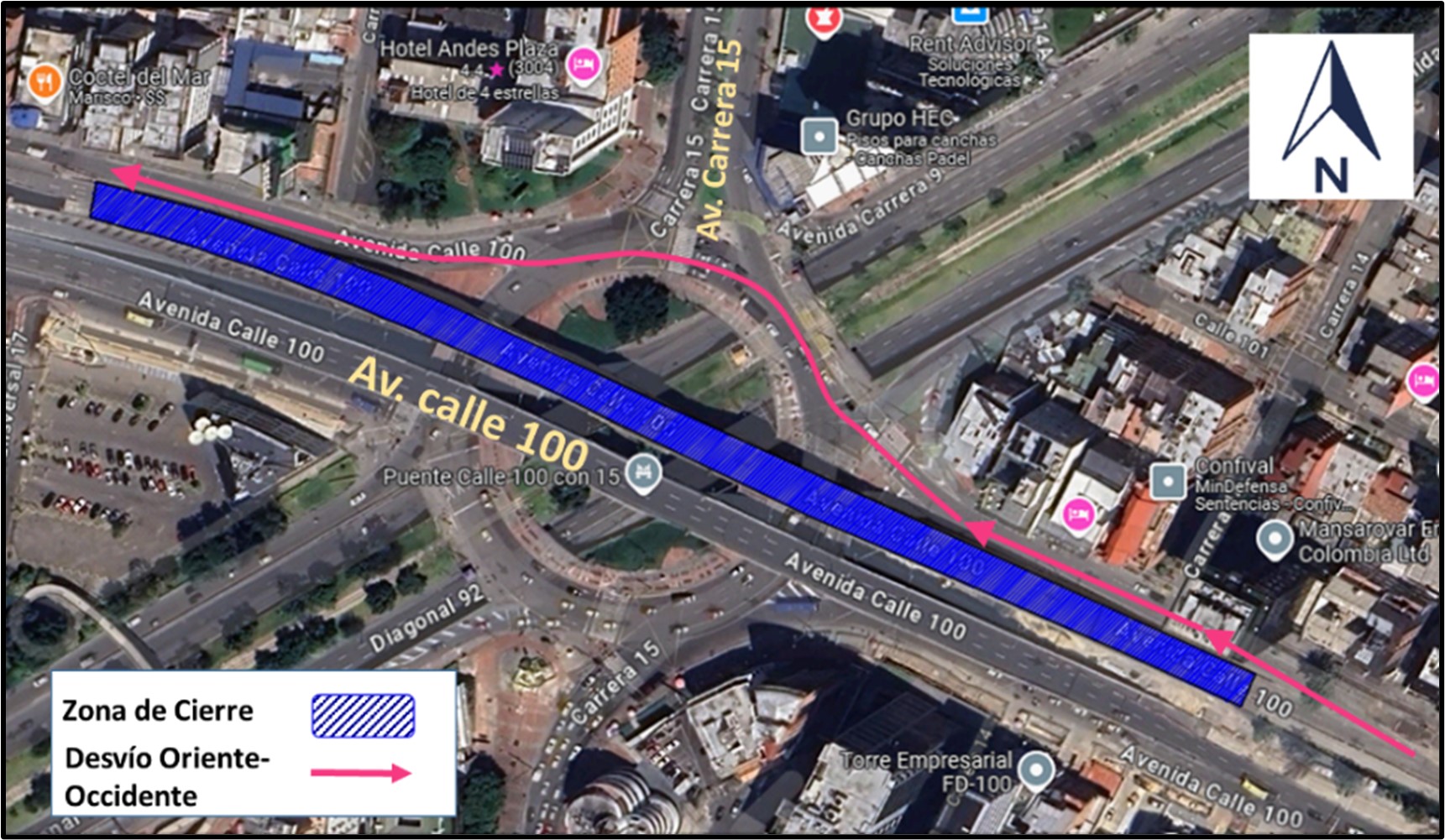 Movilidad en Bogotá cierre en la avenida calle 100 con carrera 15