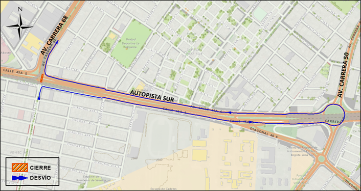 Cierre total de calzada sur-norte de avenida carrera 68 con Autosur