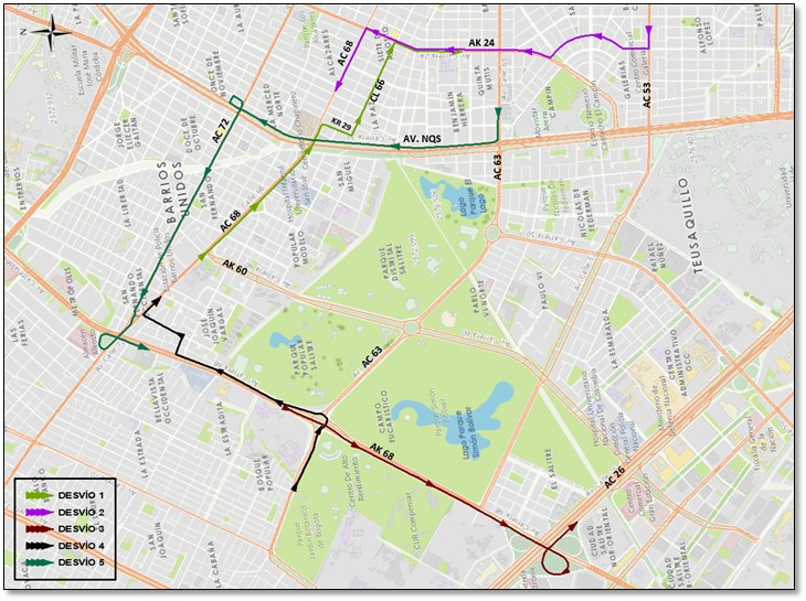 Mapa 2 Desvíos en el sector del Parque Simón Bolívar.