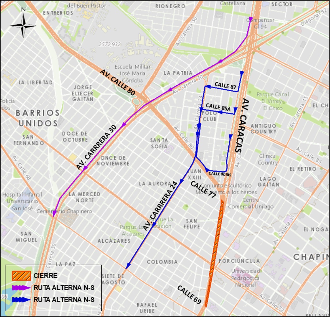 Cierre av Caracas entre calles 69 y 77 tránsito vehículos particulares