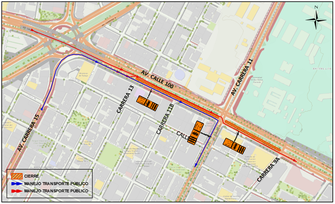 Cierre de carriles de la avenida calle 100 entre carreras 13 y 9a