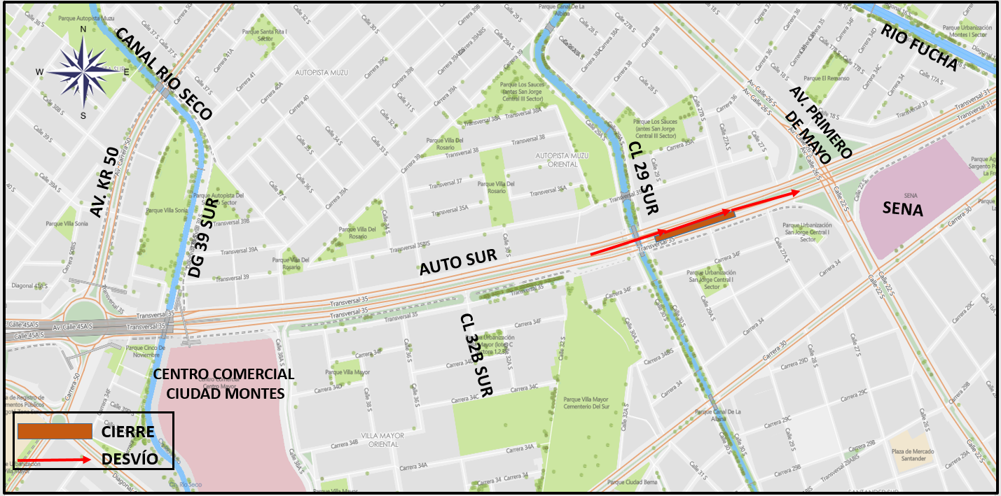 Cierre por carriles en la Autopista Sur entre calles 32b sur y 29 sur