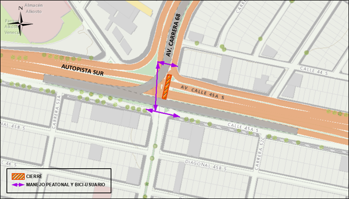 Cierre total de calzada sur-norte de avenida carrera 68 con Autosur