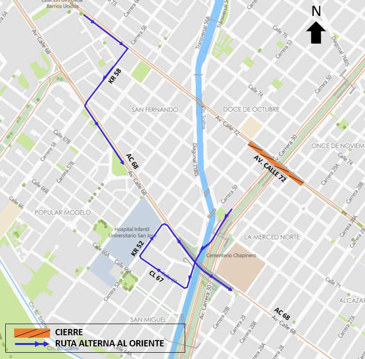 Cierre en puente de av calle 72 con av NQS sentido occidente-oriente