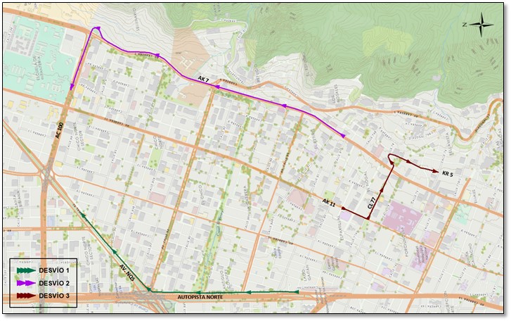 Mapa 7 – Desvíos en el sector de la Av. Carrera 15 en el cuadrante de la Av. Calle 72 y Av. Calle 100 entre Av. Carrera 7 y Av. Caracas.