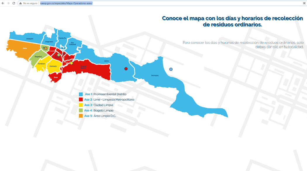 Pantallazo del mapa de operadores de aseo de Bogotá