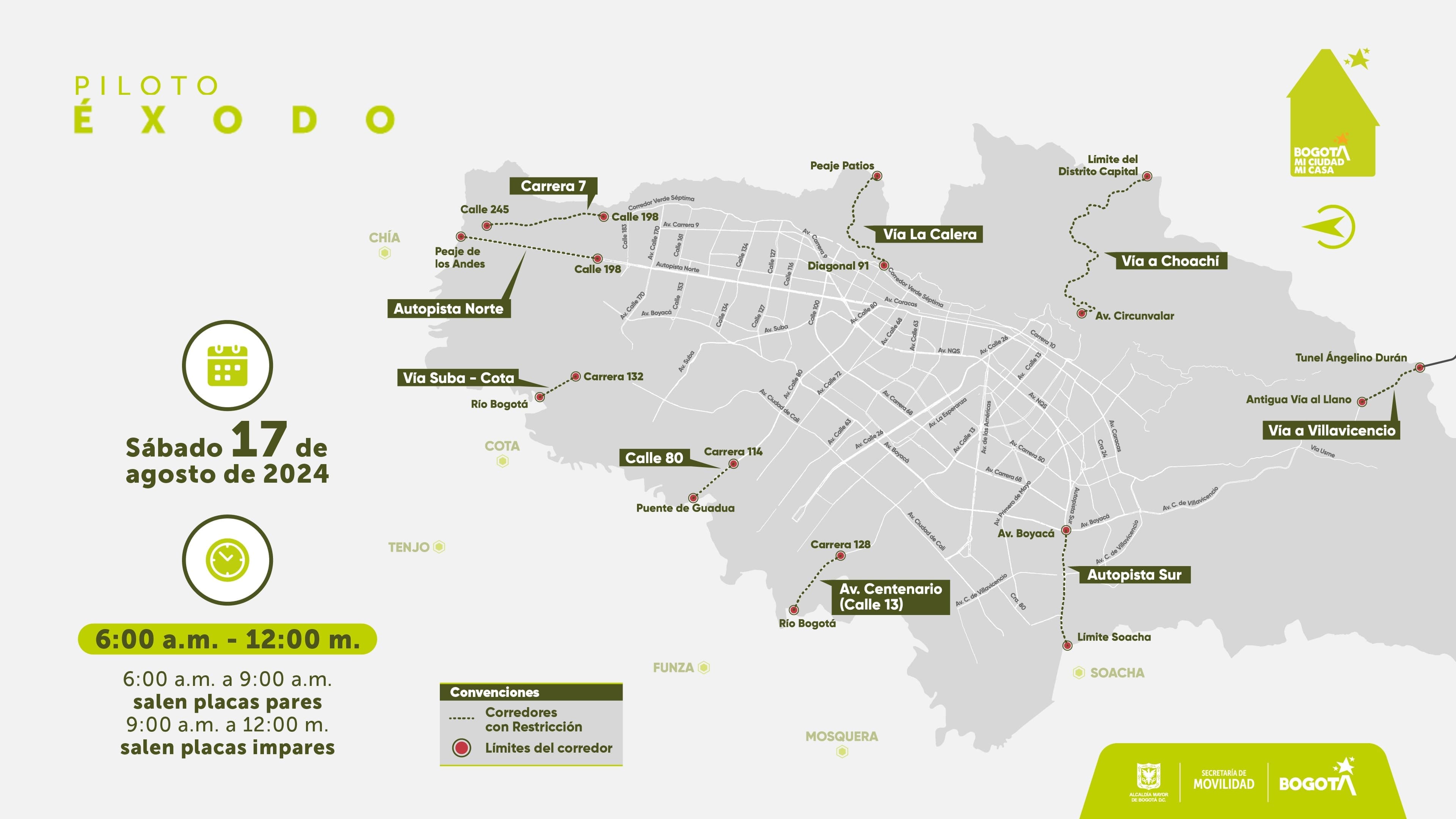 Mapa pico y placa éxodo en Bogotá sábado 17 de agosto 2024