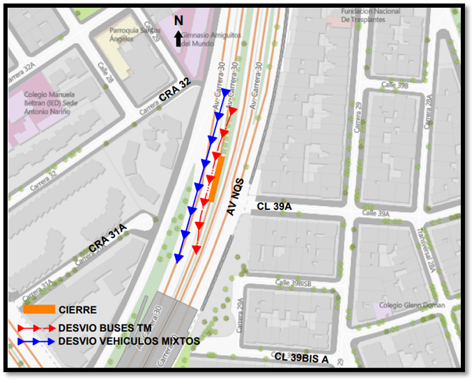 Cierre total de la calzada de TransMilenio de la av NQS con calle 39a