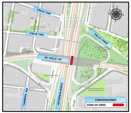 Movilidad en Bogotá cierres en autopista Norte con calle 134 por obras - Mapa 1