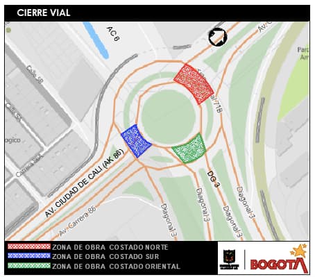 Movilidad en Bogotá cierres glorieta avenida Cali con av. Las Américas mapa 1