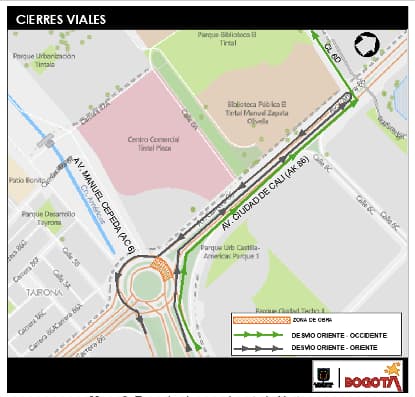 Movilidad en Bogotá cierres glorieta avenida Cali con av. Las Américas mapa 2