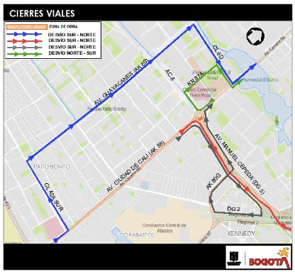 Movilidad en Bogotá cierres glorieta avenida Cali con av. Las Américas mapa 3