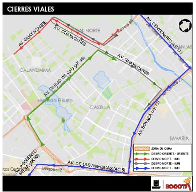 Movilidad en Bogotá cierres glorieta avenida Cali con av. Las Américas mapa 4