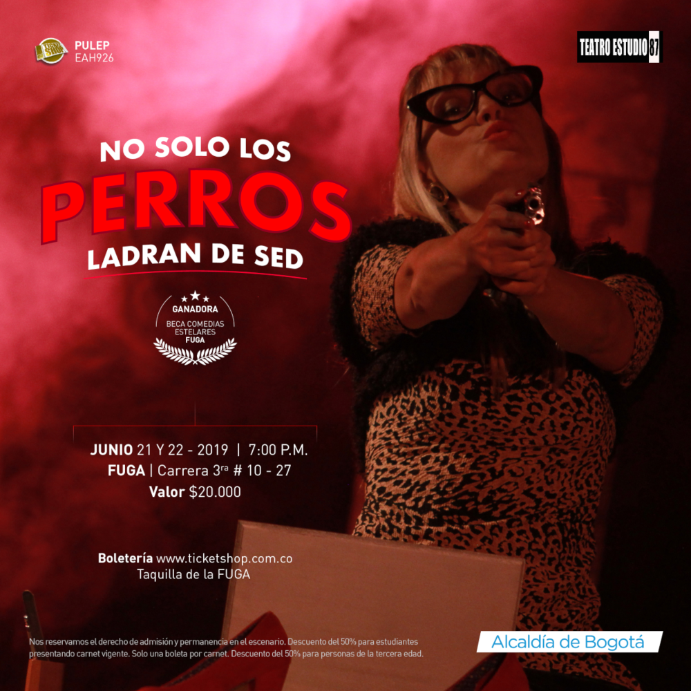 Poster de la obra de teatro "no solo los perros ladran de sed" una mujer apunta con una arma de fuego hacia la cámara