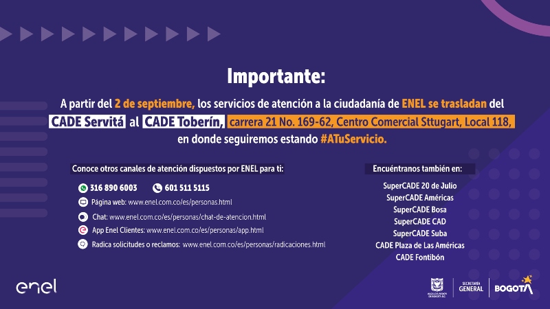 ¡Ojo! Servicios de Enel Colombia se trasladan del CADE Servitá al CADE Toberín