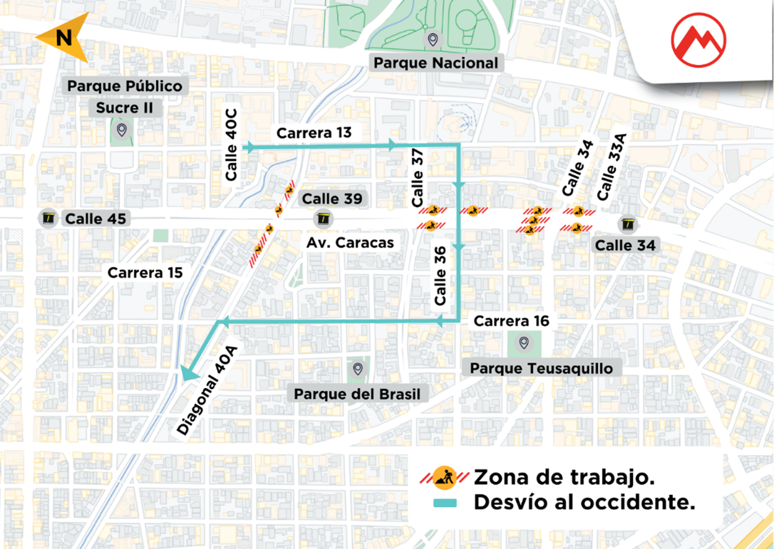 Obras Metro de Bogotá cierre en la av. Caracas entre calles 32 y 40a