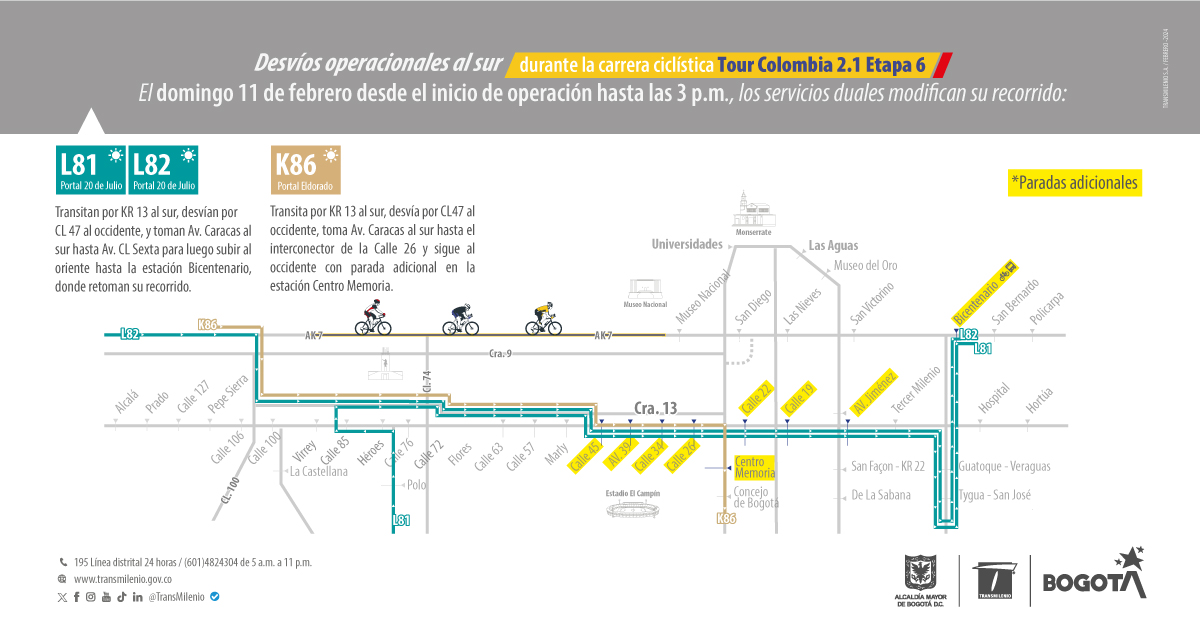 Servicios de TransMilenio que tendrán desvíos durante el Tour Colombia