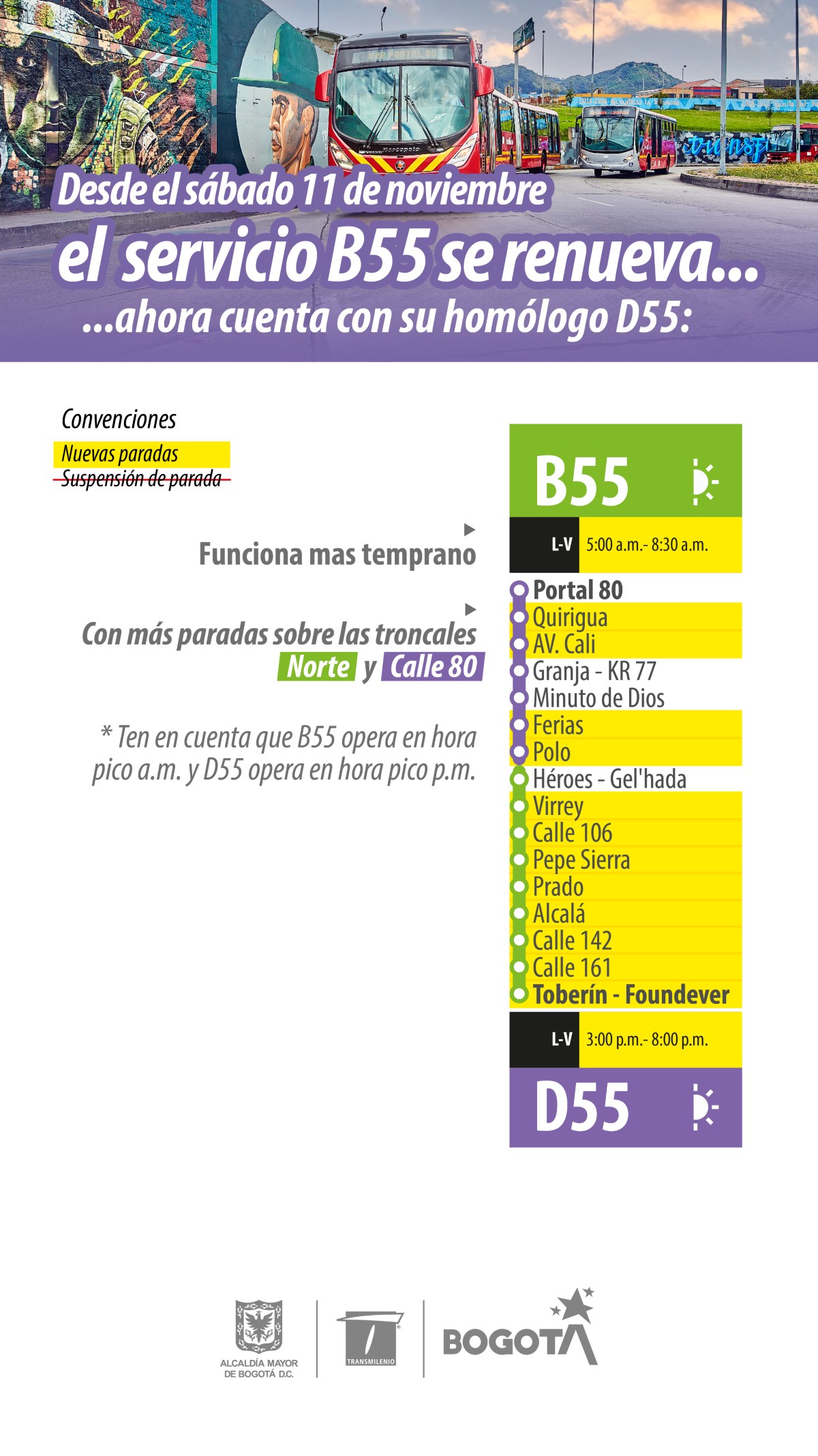 TransMilenio: El servicio B55 se renovó con la ruta D55 Portal 80