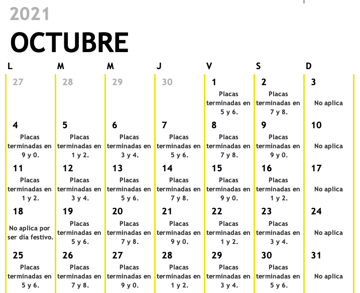 Calendario del pico y placa para taxis en Bogotá - Octubre de 2021