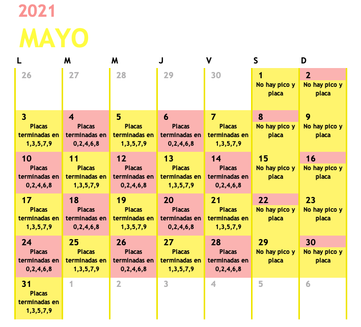 Imagen con las fechas del pico y placa mayo.