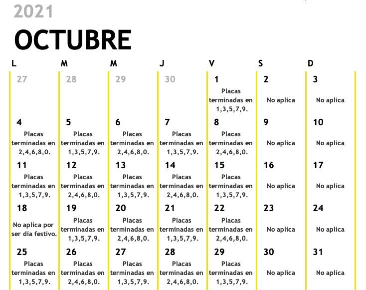 Calendario de pico y placa para vehículos particulares en octubre de 2021