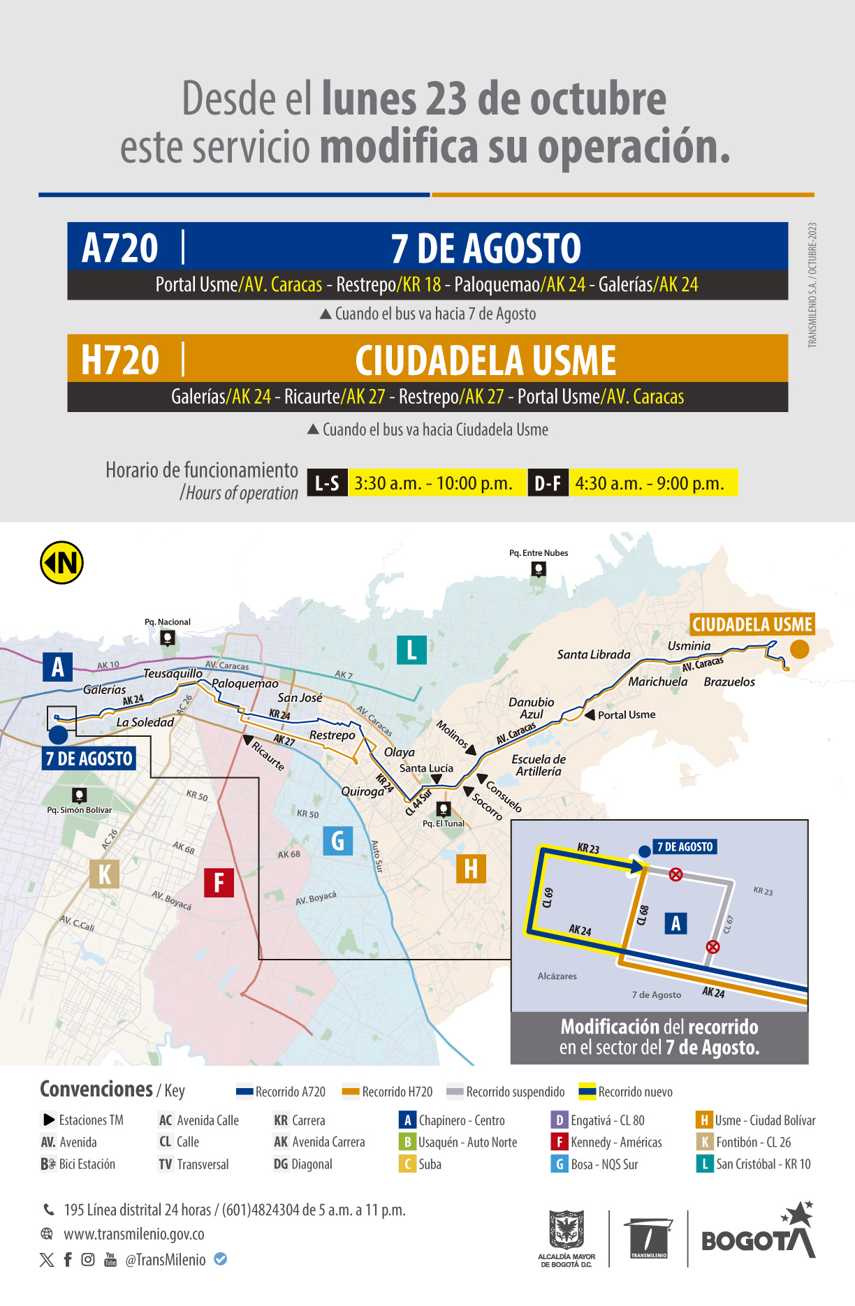 Ruta zonal A720 7 de Agosto-H720 Ciudadela Usme modifica su recorrido