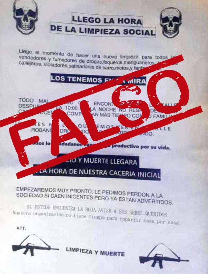 Planfleto que circula en redes sociales con amenazas es falso