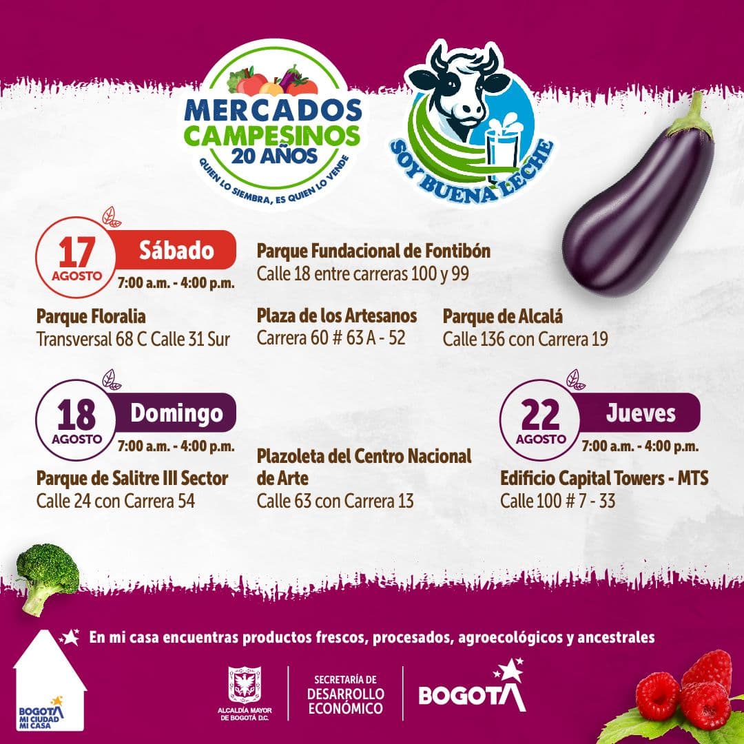 Programación Mercados Campesinos en Bogotá 17 al 22 de agosto de 2024