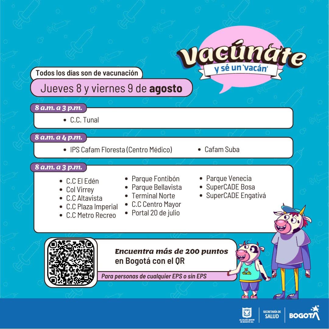 Puntos de vacunación en Bogotá 8 y 9 de agosto de 2024