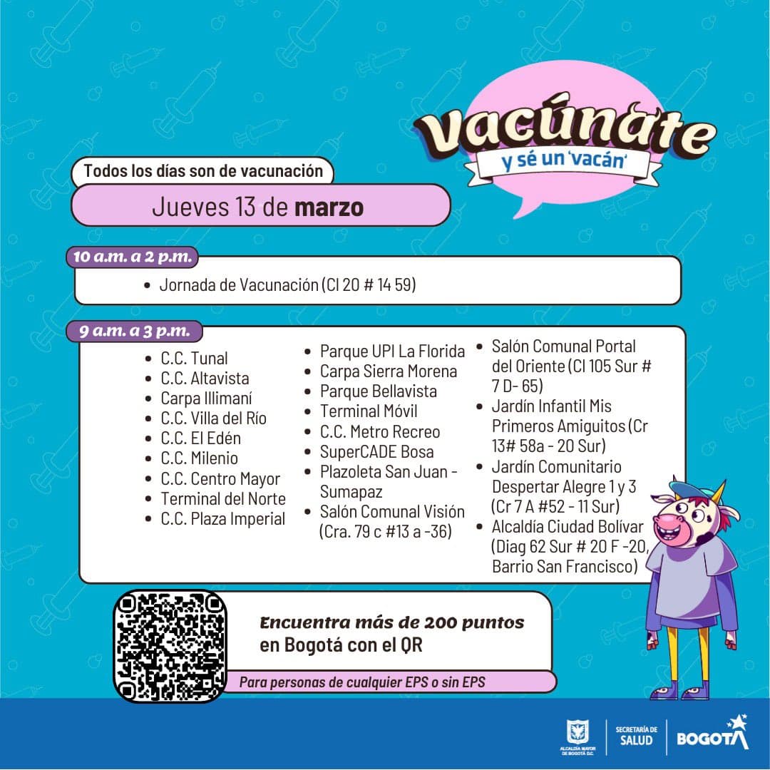 Puntos de vacunación gratuita Bogotá VPH, sarampión hoy jueves 13 de marzo 2025