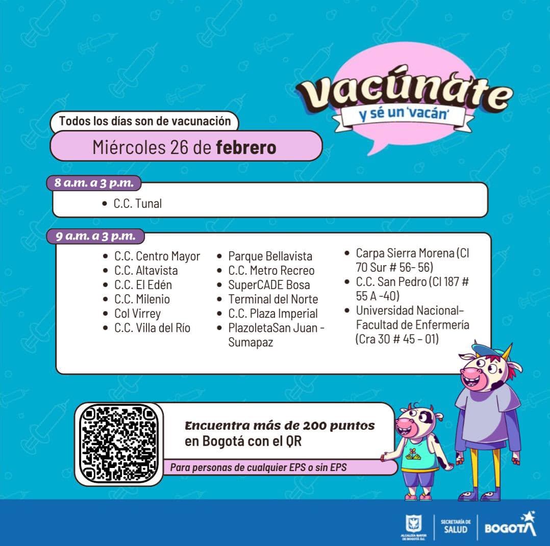 Puntos de vacunación gratuita en Bogotá hoy miércoles 26 de febrero de 2025