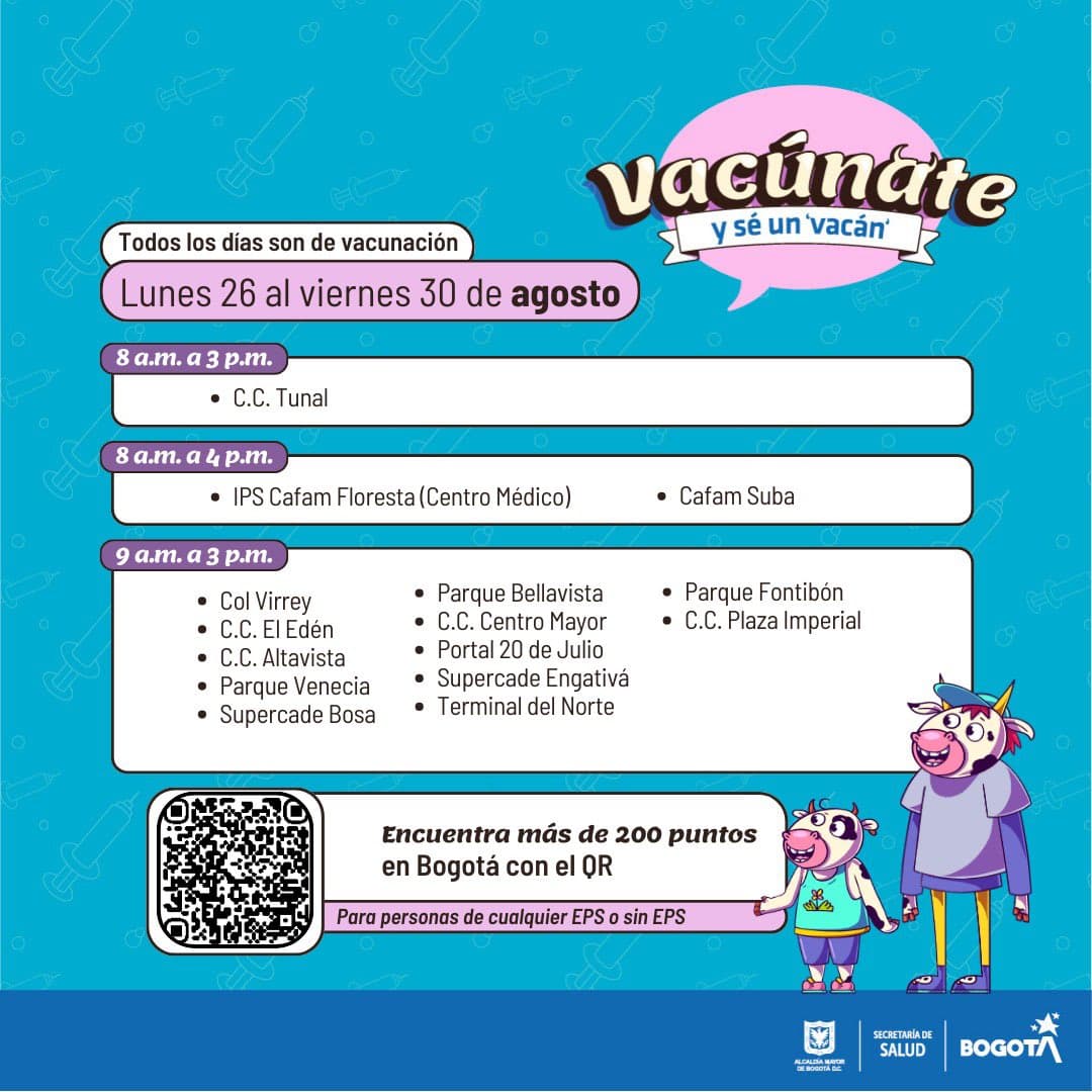 Puntos de vacunación gratuita en Bogotá lunes 26 de agosto 2024