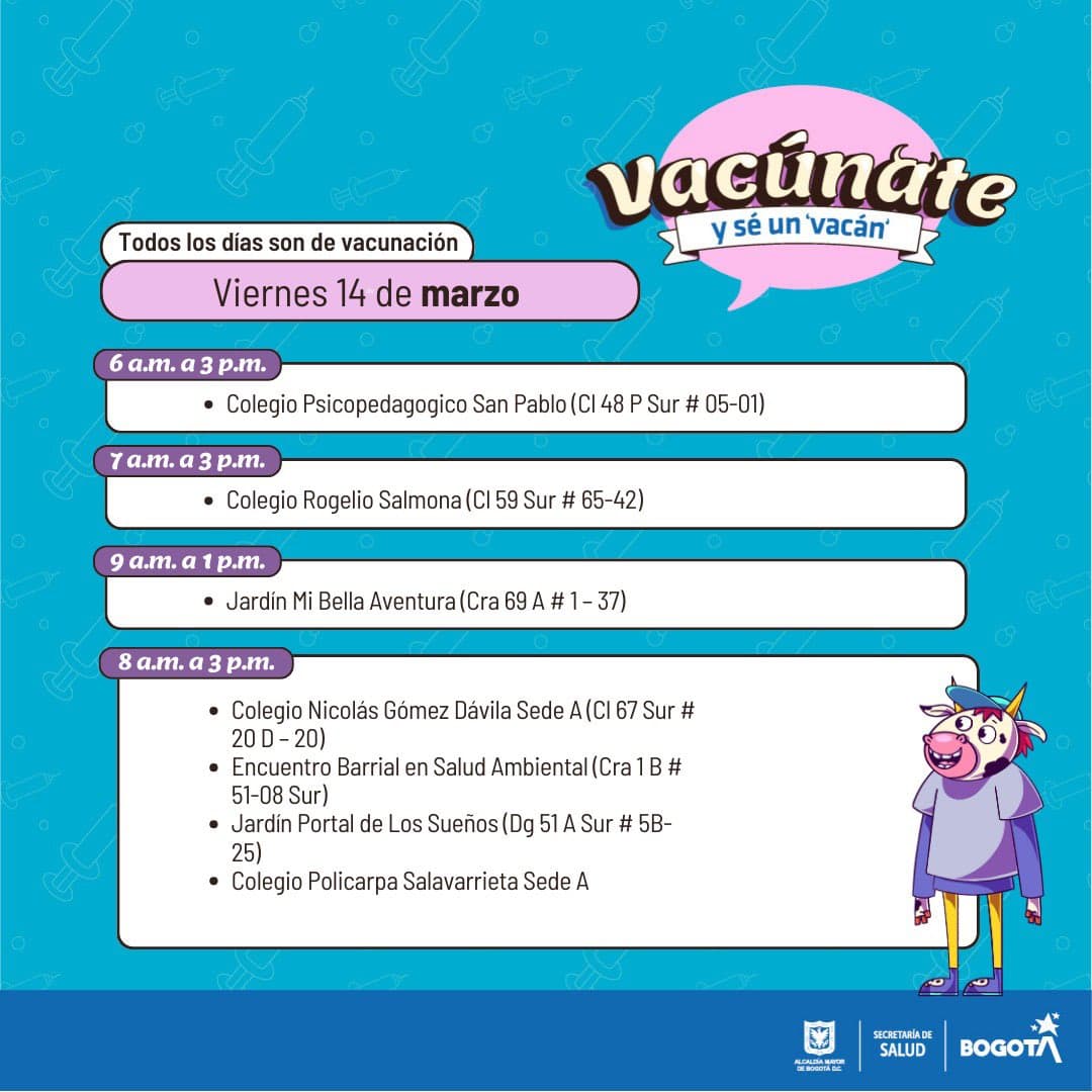 Puntos de vacunación gratuitos en Bogotá hoy viernes 14 de marzo de 2025