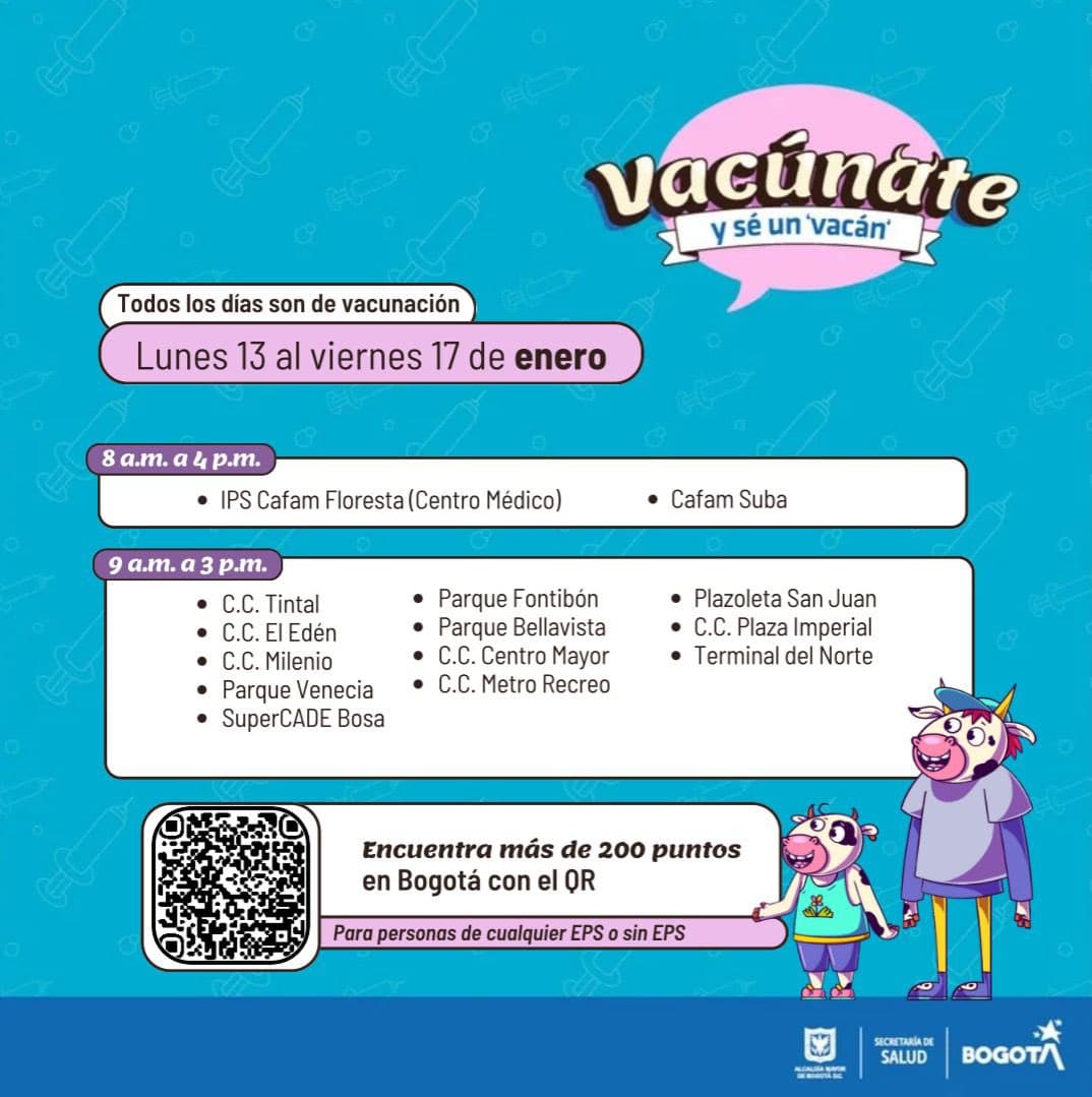 Puntos de vacunación habilitados en Bogotá hoy lunes 13 de enero de 2025