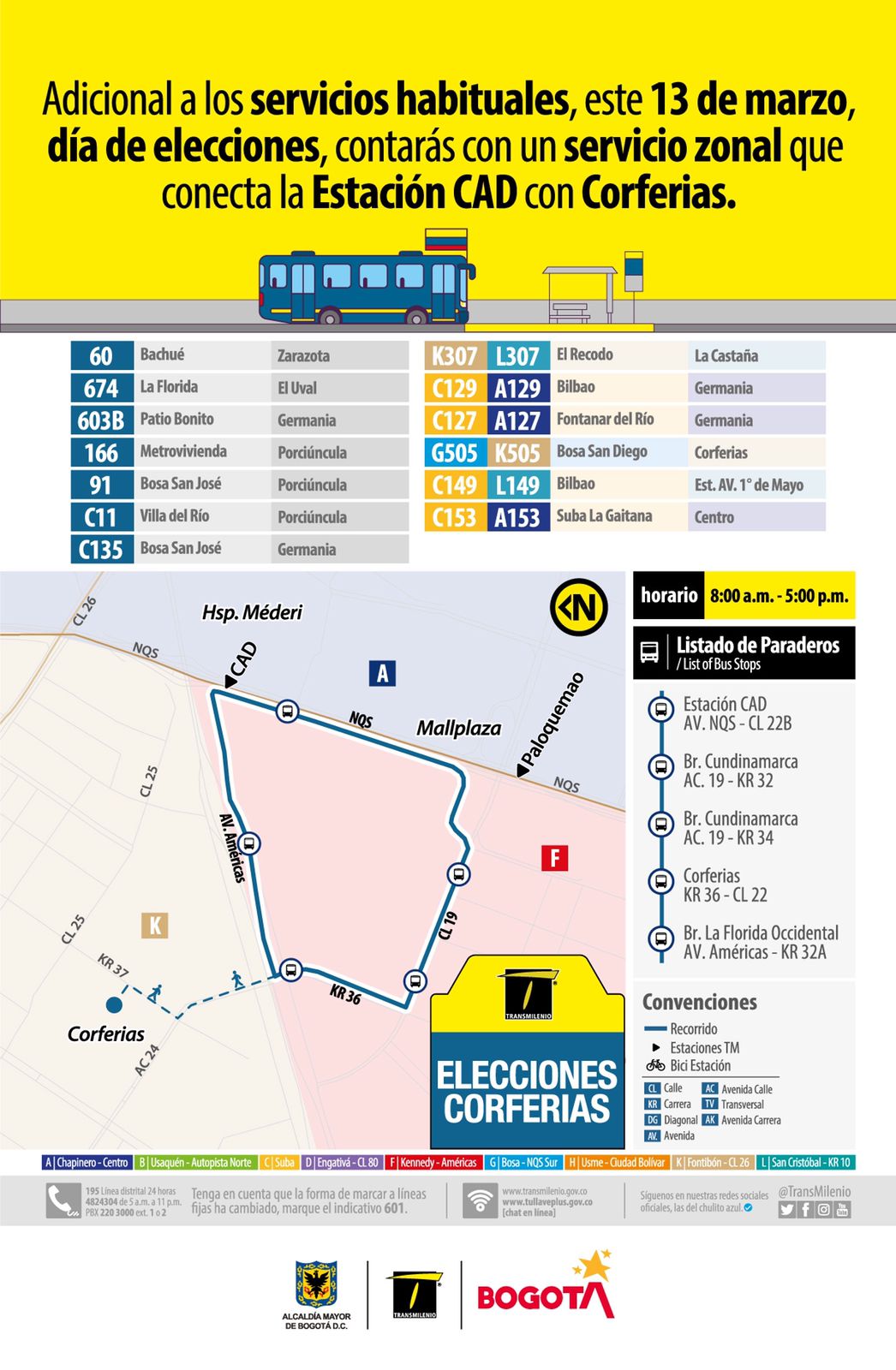 Rutas que salen desde varias localidades rumbo a Corferias