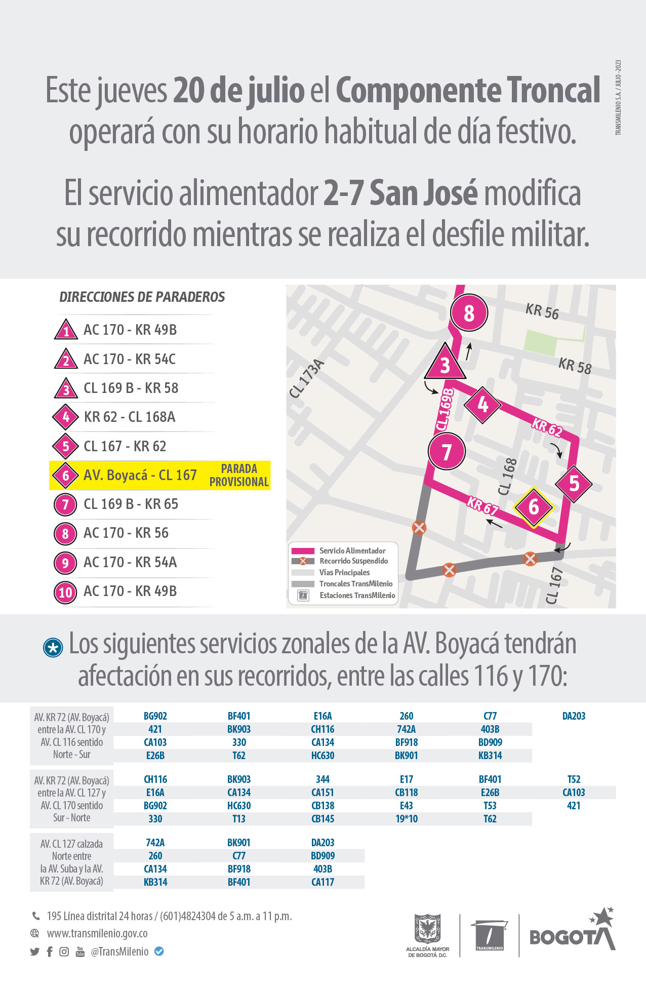 ¿Cómo operarán los buses de TransMilenio hoy 20 de julio de 2023?