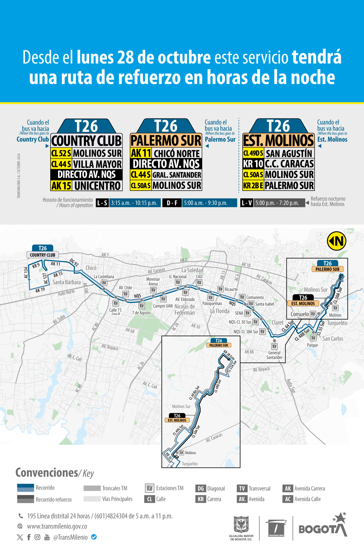 TransMiZonal T26 tendrá una ruta de refuerzo en la noche en Bogotá