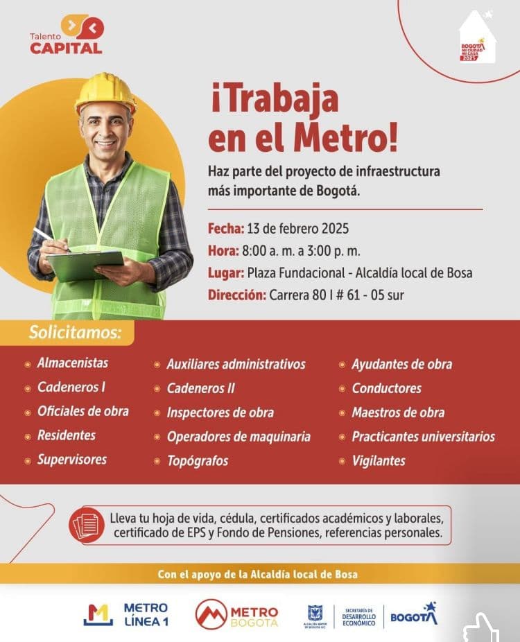 Trabajo en Bogotá accede a 480 vacantes en Empresa Metro 13 febrero