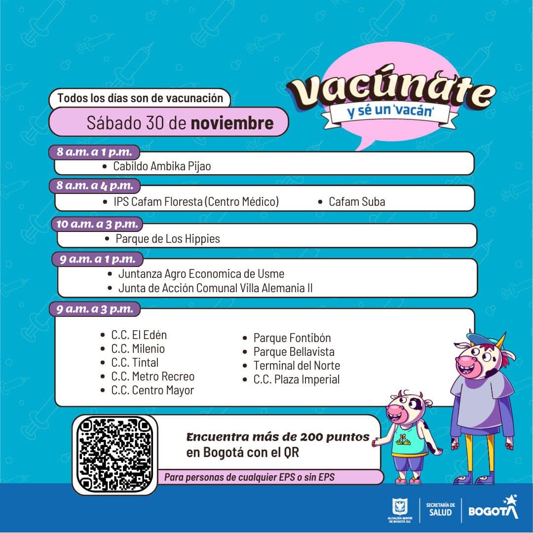 Vacunación gratuita en Bogotá sábado 30 de noviembre de 2024 puntos habilitados