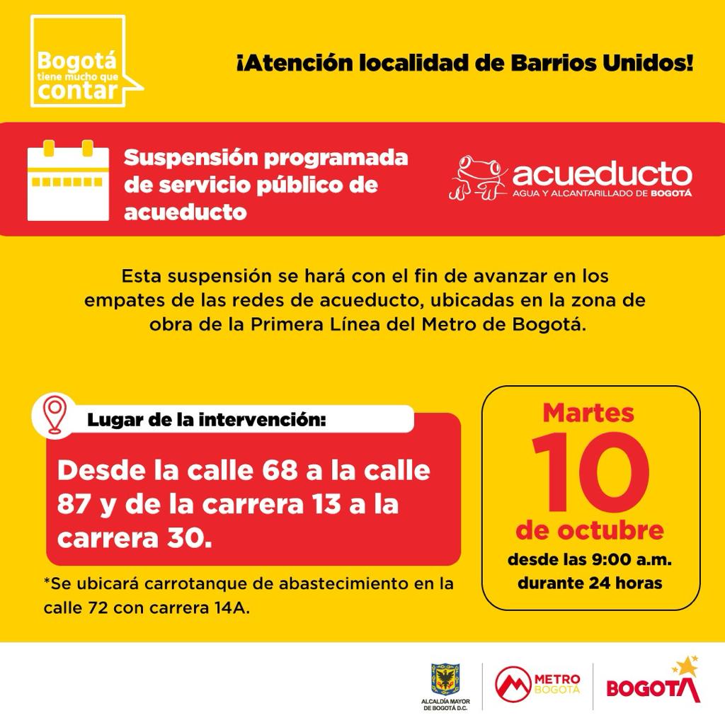 Cortes de agua en sectores de Barrios Unidos hoy 10 de octubre de 2023