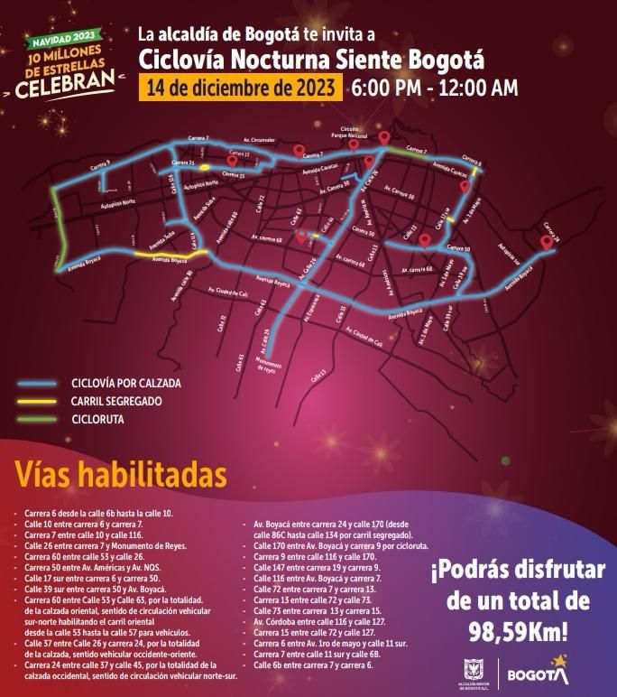 mapa de la ciclovía nocturna este jueves 14 de diciembre