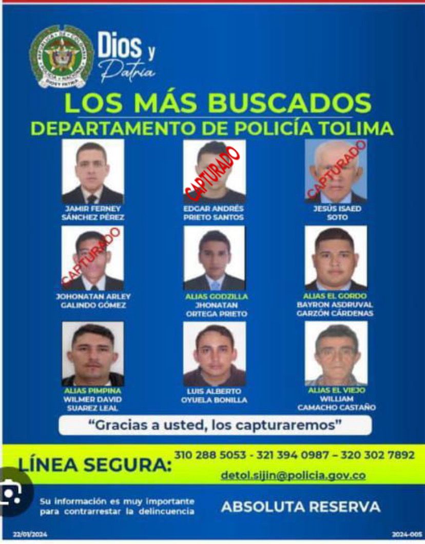 cartel de los más buscados en Tolima